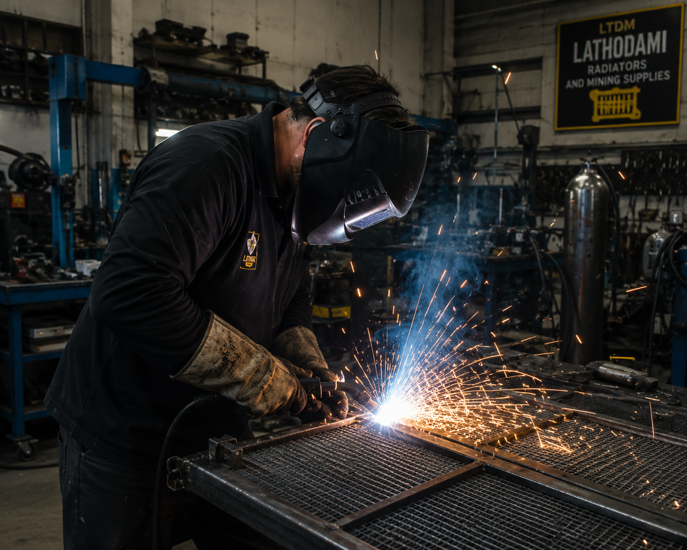 Technician welding a metal radiator frame in the workshop, with sparks flying