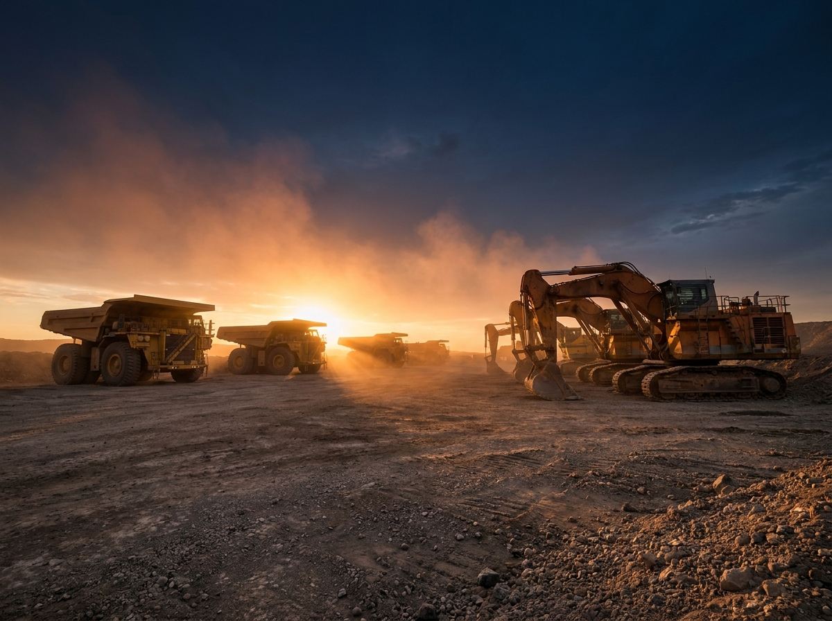 Heavy mining trucks and excavators parked in an industrial yard at dusk