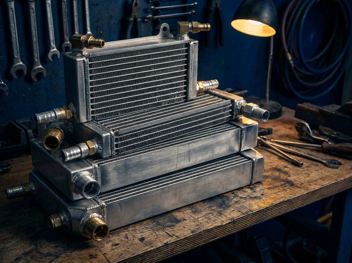 Stacked oil cooler and intercooler units with metal fins on a workshop bench