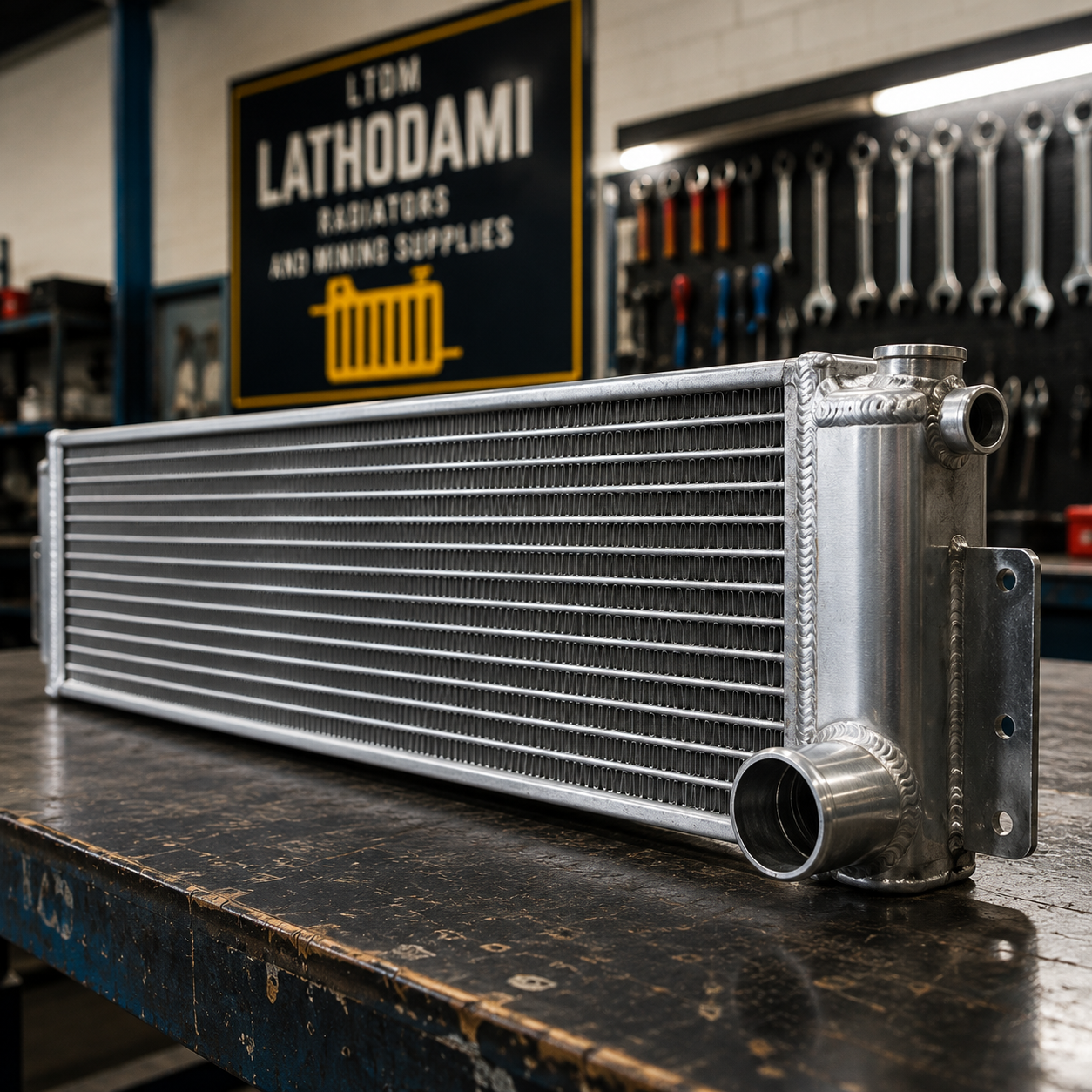 Stacked oil cooler and intercooler units with metal fins on a workshop bench