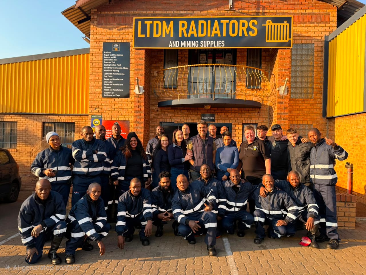 The full LTDM Radiators and Mining Supplies team gathered outside the workshop in Rustenburg