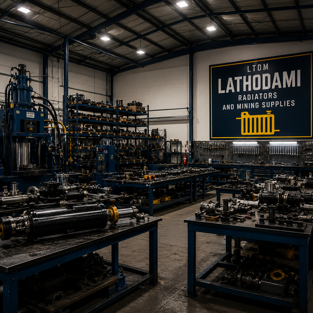Rows of aluminium radiator cores and cooling units on shelving inside the LTDM workshop
